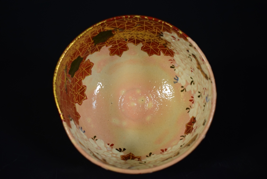 激安ブランド 【和 (7693) 時代古作 清水焼 乾山在銘 色絵桜紅葉文茶碗 